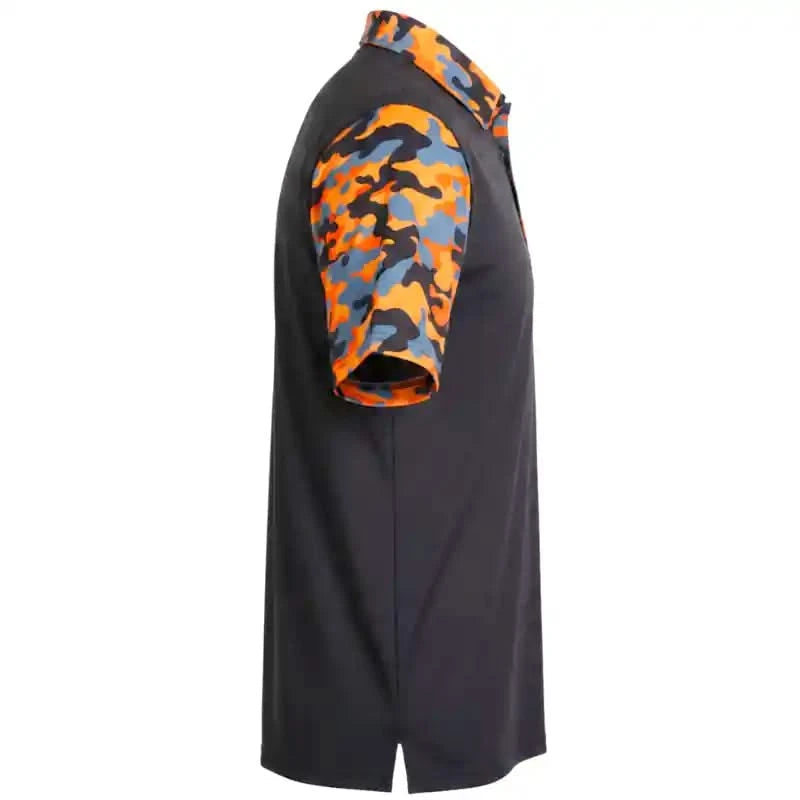 Black and orange polo shirt with orange and grey camouflage sleeve