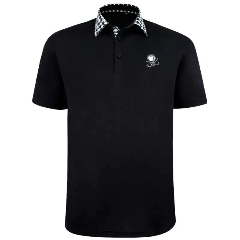 A black men's golf shirt with a checkered pattern on the collar and a skull logo on the front. It features a polo neck and short sleeves.
