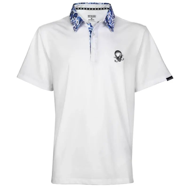 A white men's golf shirt with blue paisley pattern on the collar and button placket, featuring an embroidered logo on the chest and back.