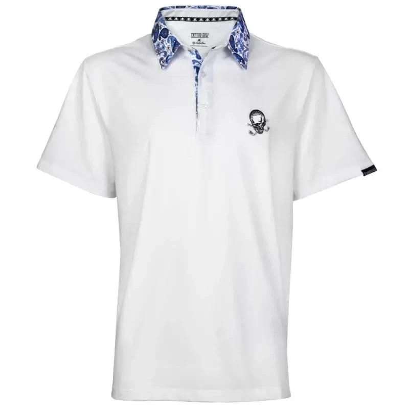 A white men's golf shirt with blue paisley pattern on the collar and button placket, featuring an embroidered logo on the chest and back.