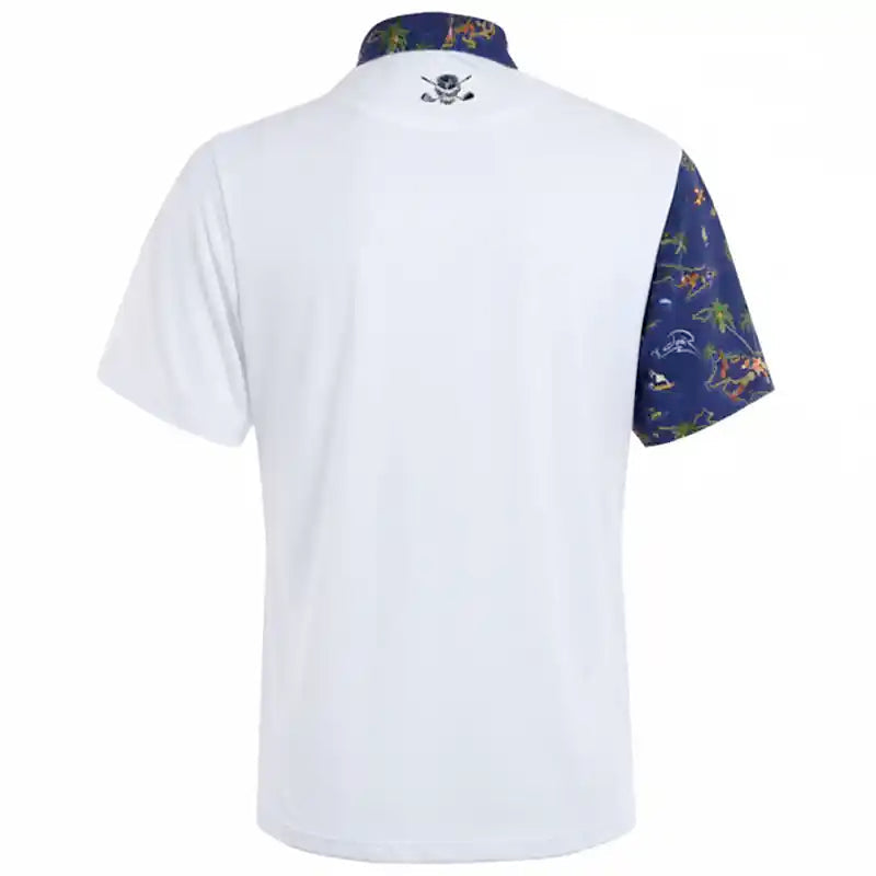 White men's polo shirt with colorful sleeves on
