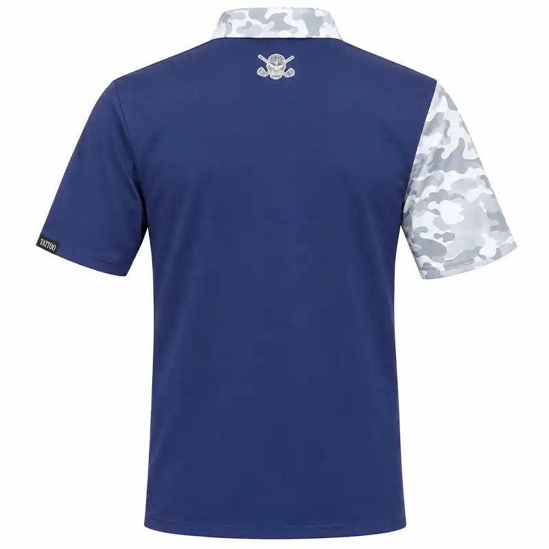 Back view of a navy VIP polo with a camouflage right sleeve and collar and small upper-back logo.