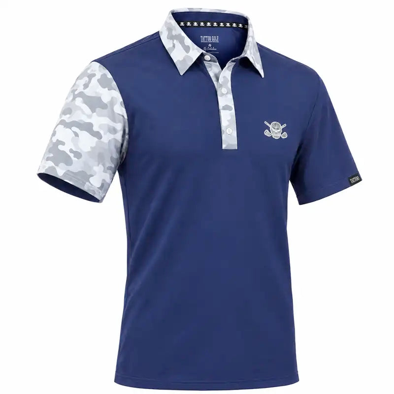 Angled front view of a navy VIP polo with white and grey camouflage collar, placket and right sleeve.