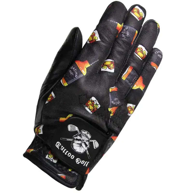 Black golf glove with colorful whiskey patterns
