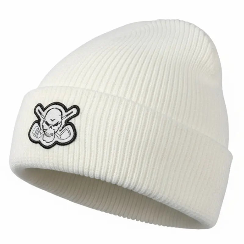 White beanie with a skull and crossclubs logo