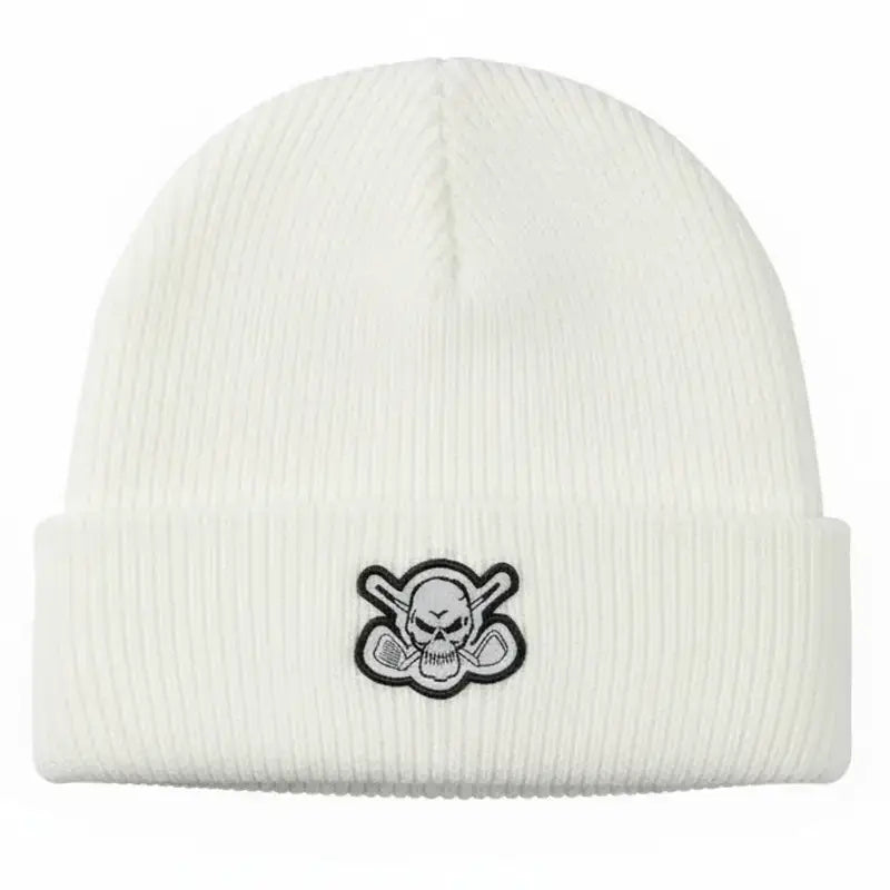 Golf beanie in white with a black skull and crossing golf clubs emblem