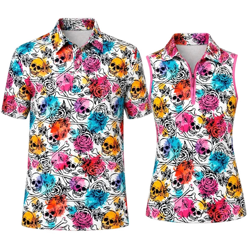 Skull & Roses Couples Matching Golf Shirts (Multicolor)