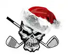 Skull wearing a Santa hat with crossed golf clubs