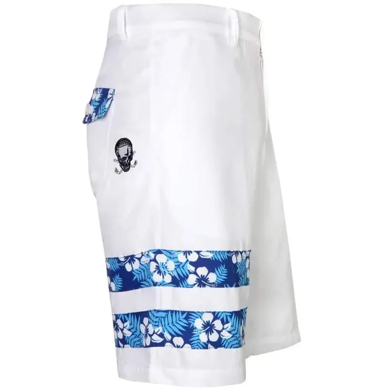Zuma Cool-Stretch Men's Golf Shorts in white with blue Hawaiian stripes and a skull design on the back pocket.