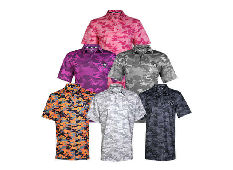 Camo Gear - Performance Meets Style: Collection of stylish camo polo shirts in various colors.