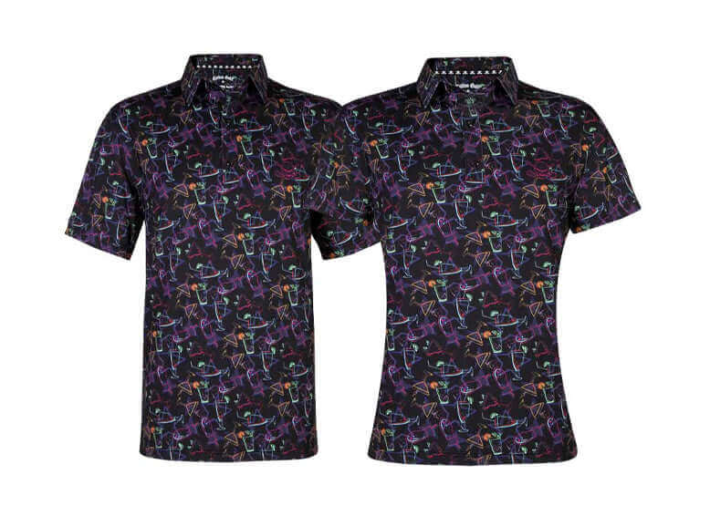 Couples Matching Golf Shirts for Him & Her featuring colorful designs 