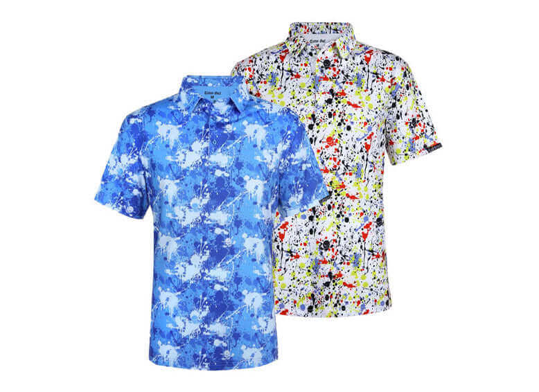 A-Game Cool-Stretch Golf Polo's in blue and colorful abstract designs for stylish golfing.