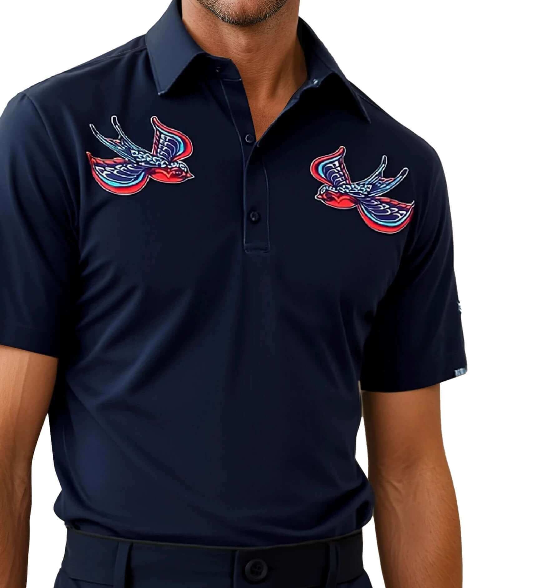 Birdie Golf Polo featuring classic tattoo-style embroidered swallows 