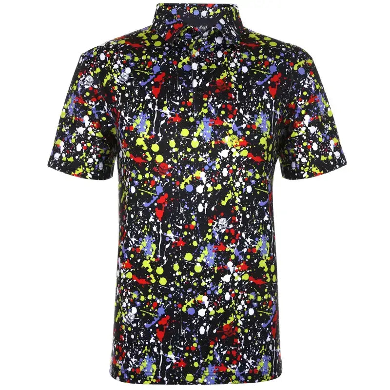 Black A-Game Just Dropped featuring a colorful, splatter-painted short sleeve shirt.