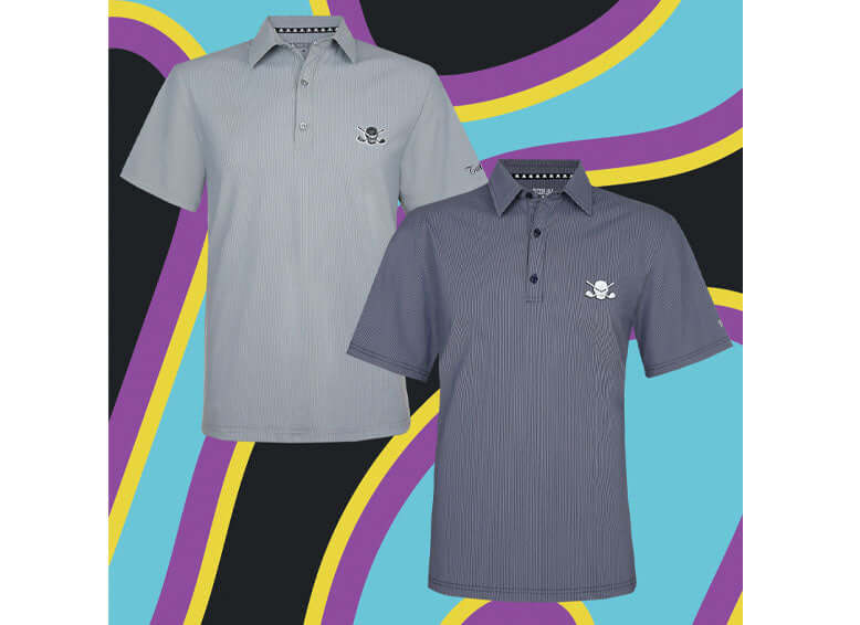 New Drop Luxe Golf Shirts in grey and navy blue designs, perfect for stylish golfing.
