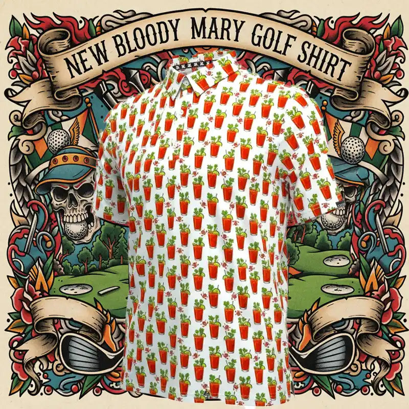 Image of a new Bloody Mary Men's Golf Shirt featuring a vibrant design with Bloody Mary drinks.