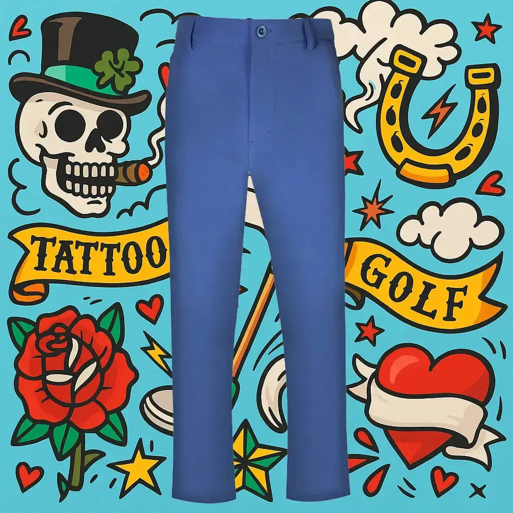Men's Blue Dusk Golf Pants displayed against a vibrant tattoo-inspired background.