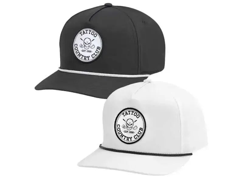 Tattoo Country Club Golf Hats Back in Stock - black and white hats with logo.