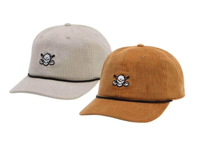 Corduroy Rope Golf Hats displayed in beige and brown colors with embroidered logos.