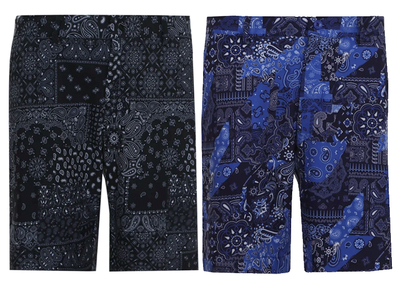 Hustler Cool-Stretch Golf Shorts with unique black and blue bandana patterns, perfect for stylish golfing.