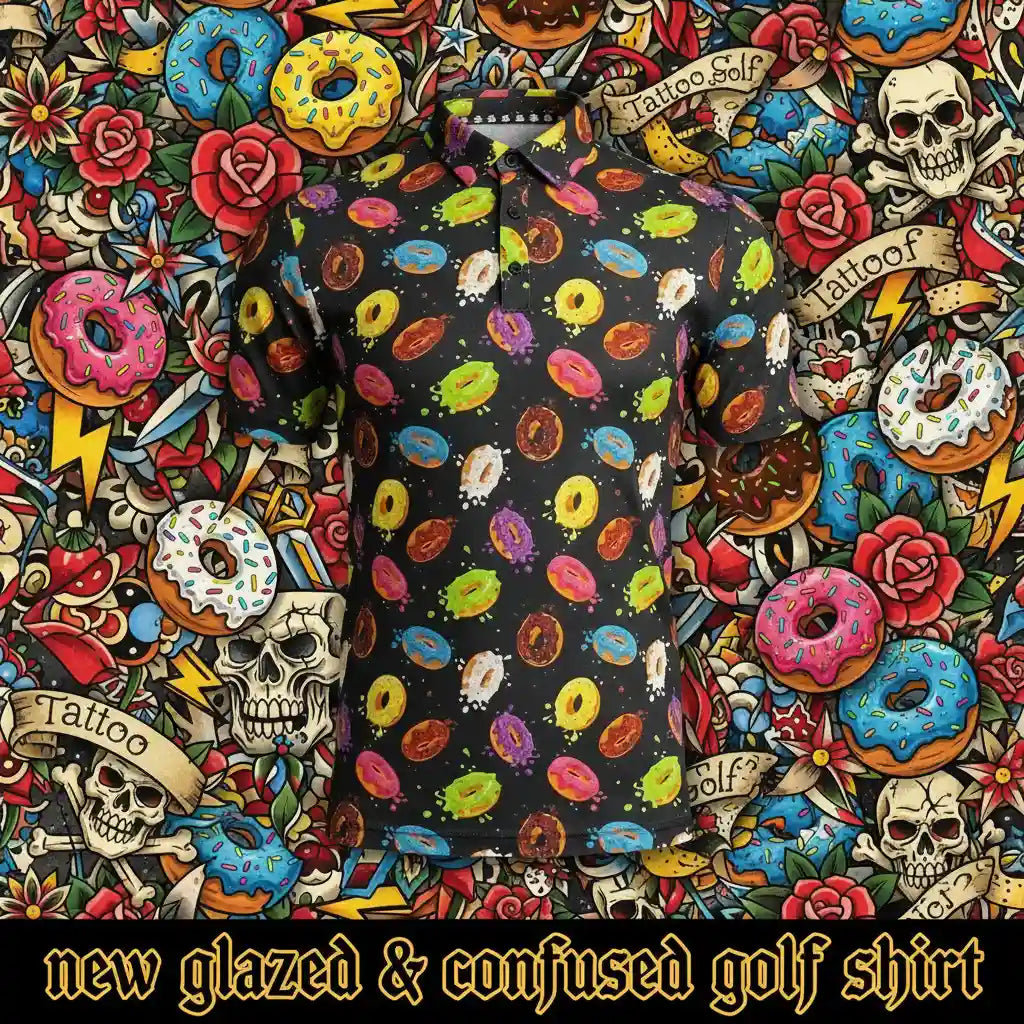 New Glazed & Confused Men's Golf Shirt: Bold Donut Design Meets Performance