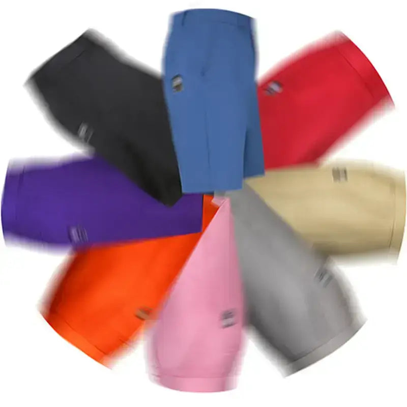 Men's Golf Shorts in various colors arranged in a circular pattern, showcasing comfort and style.