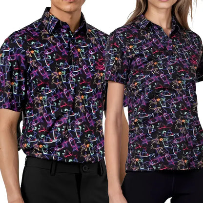 Matching his and hers golf shirts with wild neon cocktail design