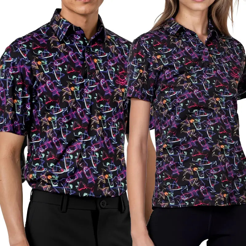 Two people wearing short-sleeve golf shirts with colorful abstract pattern 