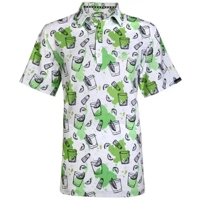 Tattoo Golf 19th Hole men's polo in green, showing the cocktail and skull print in a product view.