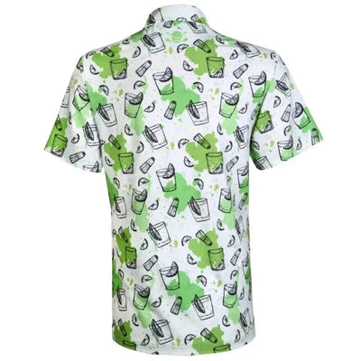 Tattoo Golf 19th Hole men's polo in green, shown from the back with its cocktail and skull print.