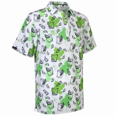 Short-sleeve golf shirt with green and black drink pattern 