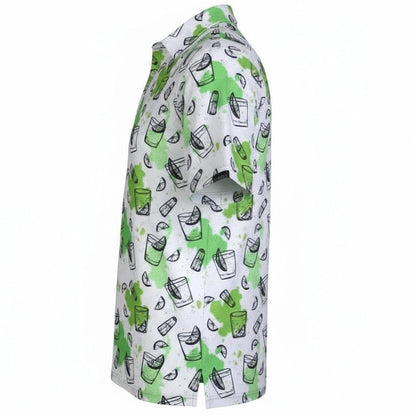 Shirt with green and black drinks pattern on a white background