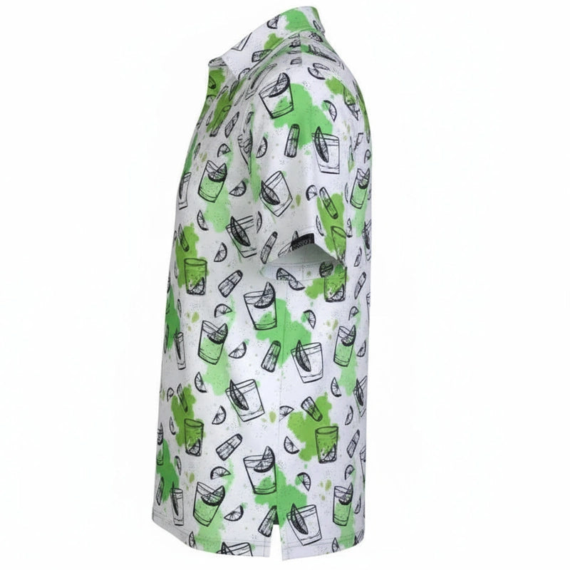 Shirt with green and black drinks pattern on a white background