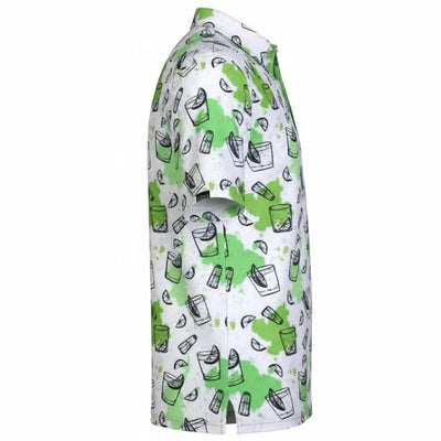 White golf shirt with green and black pattern 