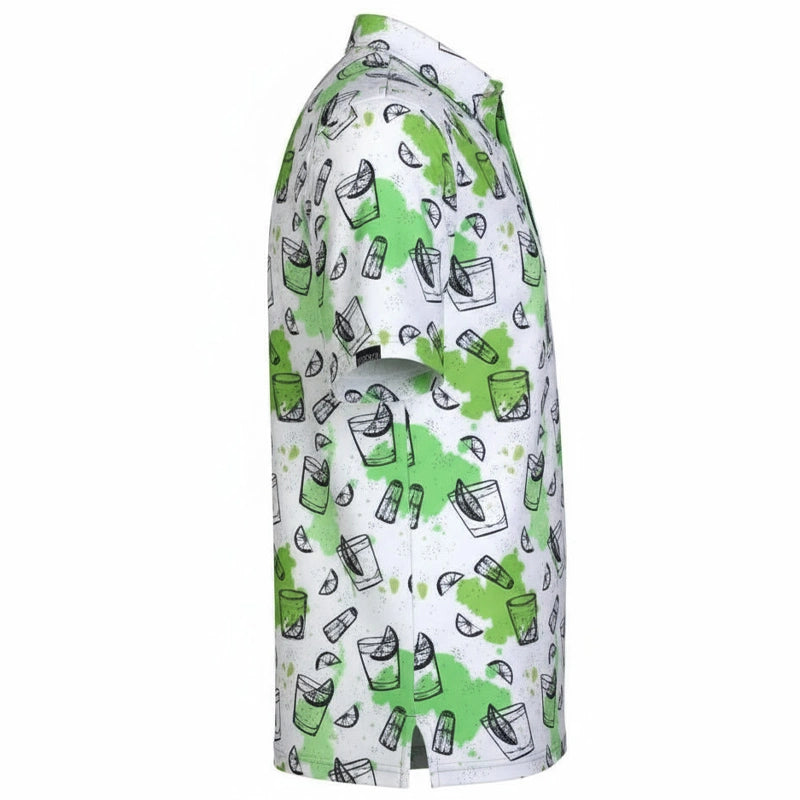 White golf shirt with green and black pattern 