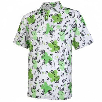 Tattoo Golf 19th Hole men's polo in green, shown at an angle with its cocktail print and short sleeves.