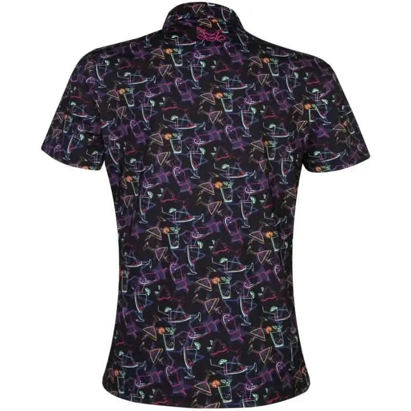 Tattoo Golf 19th Hole women's polo in Neon, shown from the back with its neon cocktail print.
