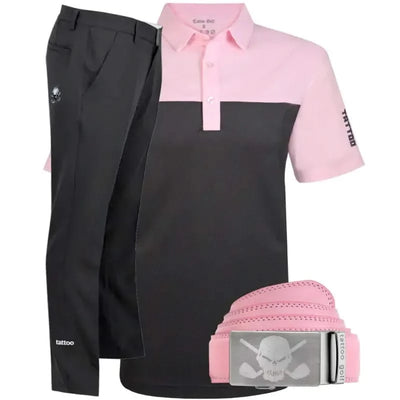 Pink and black polo shirt with black pants and pink premium leather belt 