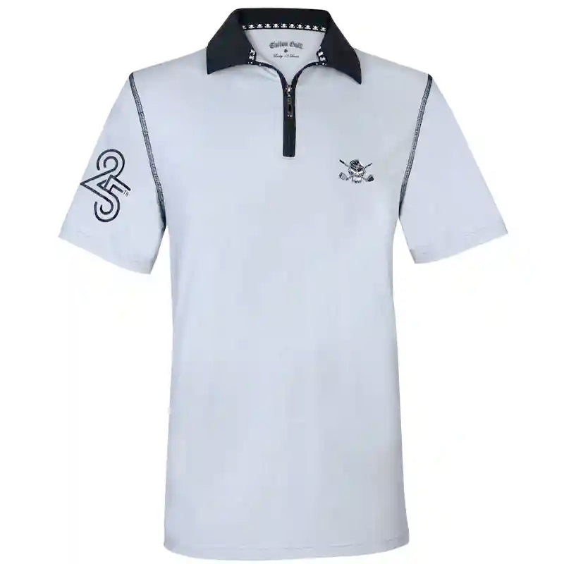 A grey short-sleeve polo shirt with a black collar, black zipper placket, and black embroidered graphics on the chest and sleeve,