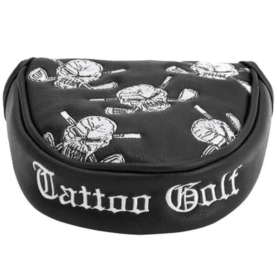 A black and white putter cover with an embroidered skull and crossed golf clubs design, and the text 'Tattoo Golf' on it.
