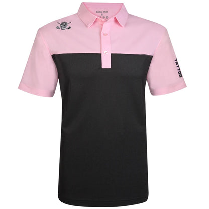 A 2-tone cool-stretch men's golf shirt with a black and pink colorway, featuring a three-button placket, embroidered skull logo on the front, and moisture-wicking fabric.