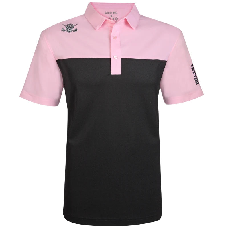 A 2-tone cool-stretch men's golf shirt with a black and pink colorway, featuring a three-button placket, embroidered skull logo on the front, and moisture-wicking fabric.