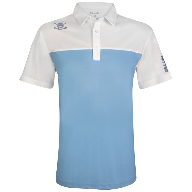 A 2-tone blue and white cool-stretch men's golf shirt with a collar, embroidered skull logo on the chest, and a TATTOO brand tag on the sleeve.