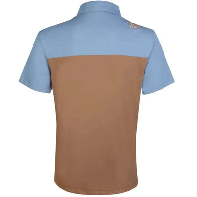 Back view of the 2-Tone Cool-Stretch Men's Golf Shirt in Brown/Blue, featuring stylish two-tone design.