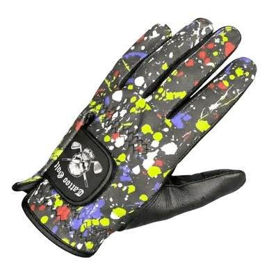 A-Game Cabretta Leather Men's Golf Glove featuring a vibrant splatter design on a black background.