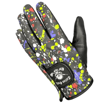 A-Game Cabretta Leather Men's Golf Glove featuring colorful splatter design and premium grip.