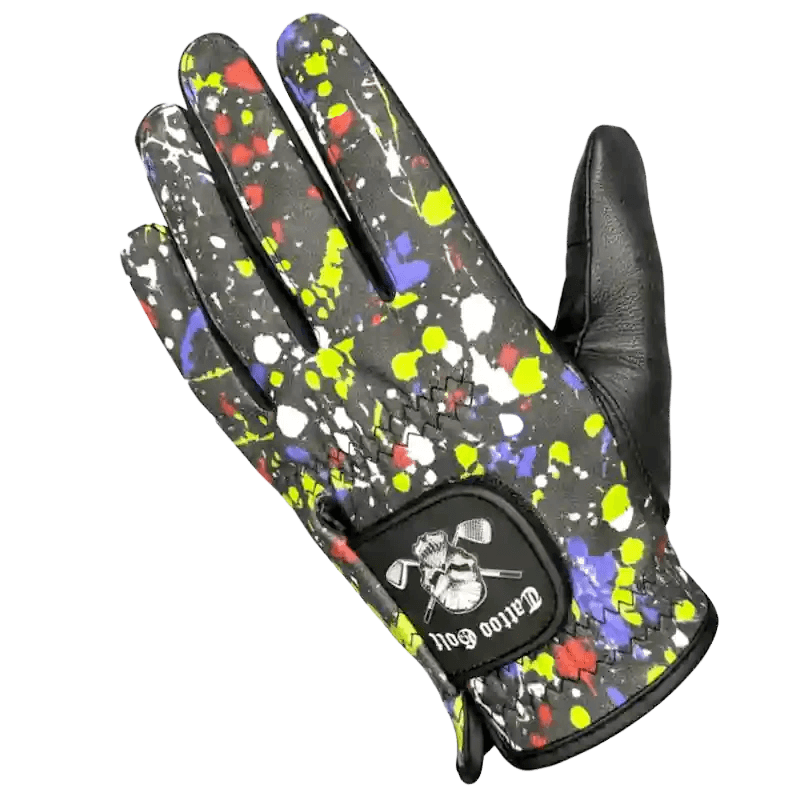 A-Game Cabretta Leather Men's Golf Glove featuring colorful splatter design and premium grip.