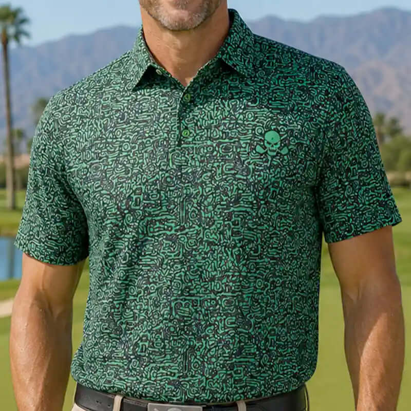 Man wearing a green maze patterned polo shirt 