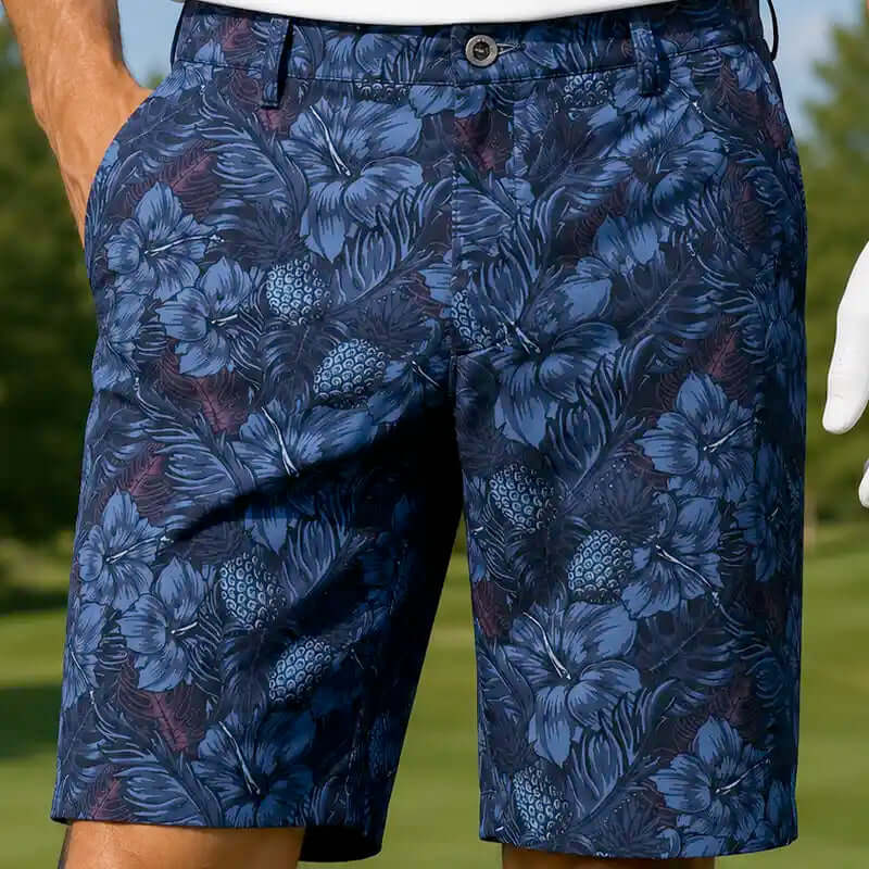 Hawaiian golf shorts on a golfer with a green background