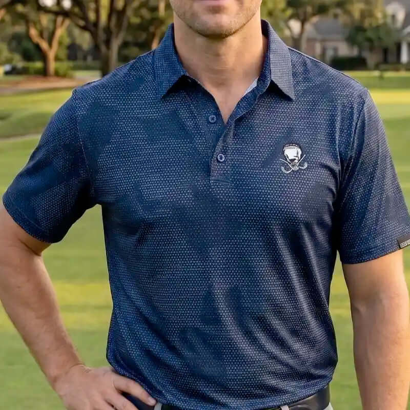 golfer wearing a blue rogue patterned polo shirt with a skull logo on a golf course